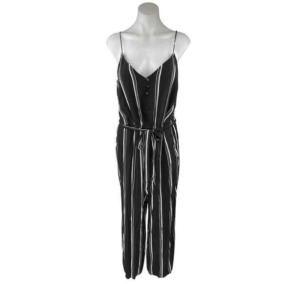 Ann Taylor LOFT Black White Striped Tie Waist Sleeveless Cami jumpsuit Size 8 - Picture 1 of 5